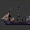 Vintage Sailing Ship With Multiple Masts Large Sails Blue And Purple Hull And Reflection
