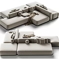 Modern Light Gray Sectional Sofa with Fabric Upholstery Decorative Pillows and Throw Blanket