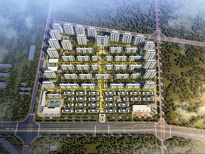 Aerial View Planning of Residential Complex Layout With Green Spaces And Roads 3d model
