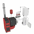 Red Black Heating Equipment With Red Expansion Tank Pipes Valves White Storage Tank And Radiator