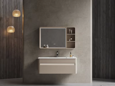 Modern Wall Mounted Washbasin With Mirror Shelves And Pendant Lights In Wooden Wall Bathroom 3d model