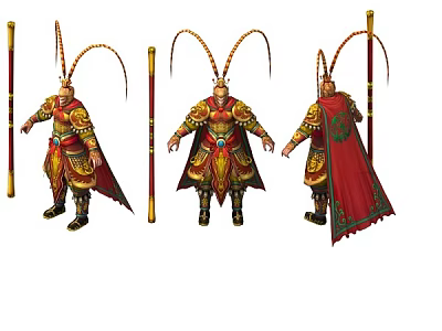 Monkey King In Golden Armor With Feathered Headdress Red Cape Golden Staff Three Angles View 3d model