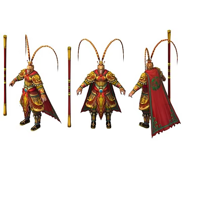 Monkey King In Golden Armor With Feathered Headdress Red Cape Golden Staff Three Angles View 3d model