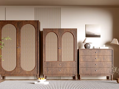 Entryway Wooden Console Cabinet And Side Cabinet With Arched Rattan Doors And Drawers 3d model