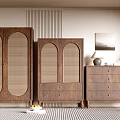 Entryway Wooden Console Cabinet And Side Cabinet With Arched Rattan Doors And Drawers