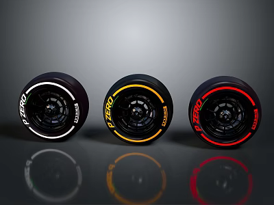 Pirelli Car Tires With Three Different Colored Accent Rings And Black Rims 3d model