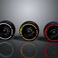Pirelli Car Tires With Three Different Colored Accent Rings And Black Rims