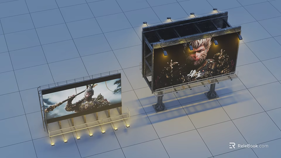Roadside Facilities Featuring Two Illuminated Billboards With Advertising Displays And Lighting 3d model 