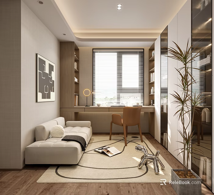 Modern Study Room Interior With Sofa Desk Chair Bookshelves And Window 3d model 