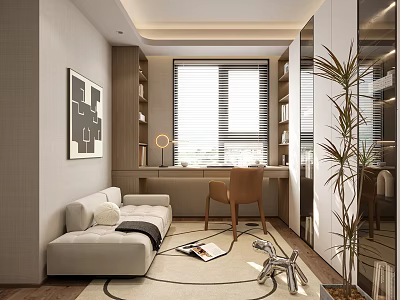 Modern Study Room Interior With Sofa Desk Chair Bookshelves And Window 3d model