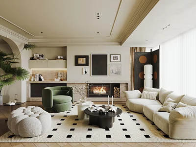 Elegant Modern Living Room Interior With Cream Sofa Green Armchair Decorative Paintings And Fireplace 3d model