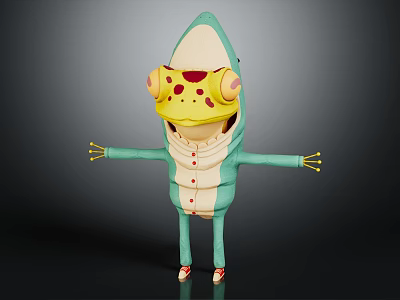 Green Cartoon Character With Lizard Features Yellow Head Decor And Red Shoes 3d model