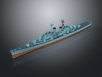 Detailed Gray Warship Model With Deck Turrets Mast And Red Bottom 3d model