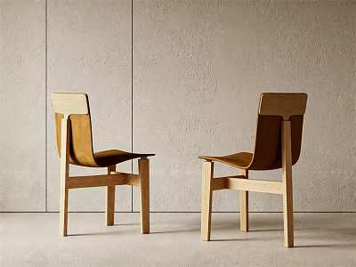 Modern Wooden Dining Chairs With Leather Seats Against Light Textured Wall 3d model