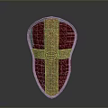 Ornate Medieval Shield With Red Background Gold Cross And Intricate Patterns