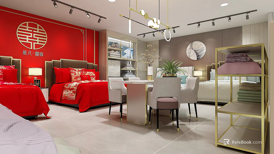 Modern Home Furnishing Store With Red Bed White Chairs Table Golden Shelves And Red Walls 3d model 