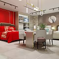 Modern Home Furnishing Store With Red Bed White Chairs Table Golden Shelves And Red Walls