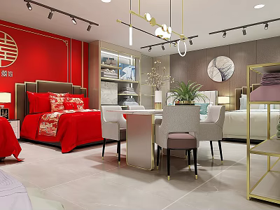 Modern Home Furnishing Store With Red Bed White Chairs Table Golden Shelves And Red Walls 3d model