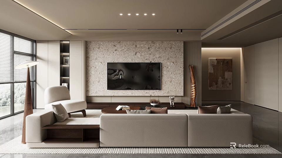 Elegant Modern Living Room Interior Design With Beige Sofa And Stone TV Wall 3d model 