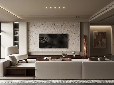 Elegant Modern Living Room Interior Design With Beige Sofa And Stone TV Wall 3d model