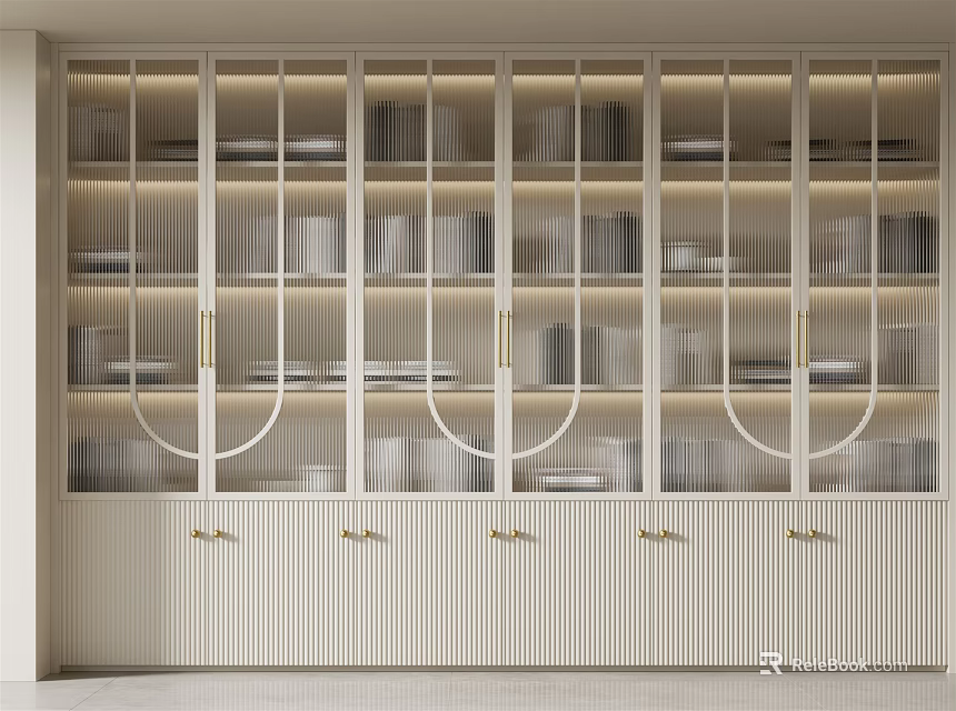 Modern White Bookcase With Glass Doors Golden Handles And Multiple Shelves 3d model 