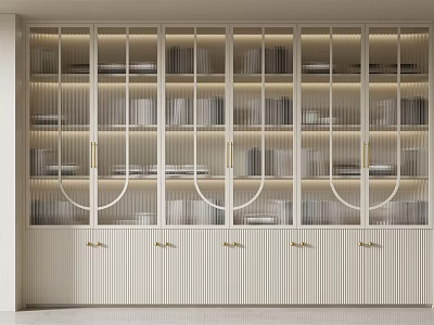 Modern White Bookcase With Glass Doors Golden Handles And Multiple Shelves 3d model
