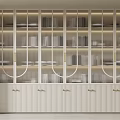 Modern White Bookcase With Glass Doors Golden Handles And Multiple Shelves