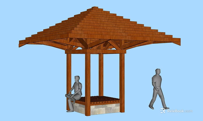 Wooden Gazebo Structure With Tiled Roof Pillars And Outdoor Figures Sitting Walking 3d model 