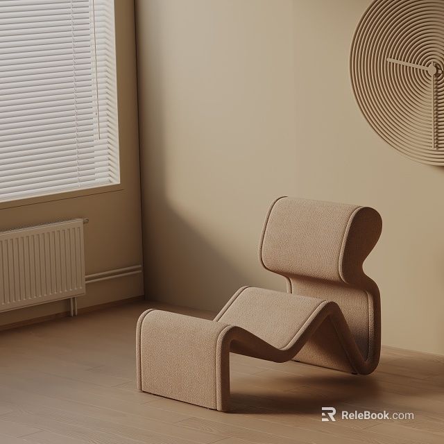 Modern Beige Lounge Chair with Curved Design and Circular Wall Art Near Window with Blinds 3d model 