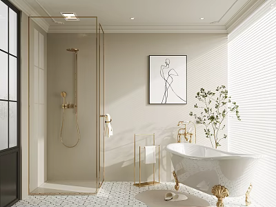 Light Colored Bathroom Interior With Glass Shower Gold Fixtures White Tub And Line Art Painting 3d model