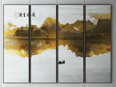 Chinese Ink Wash Landscape Painting With Golden Black Mountain Ranges Water Reflection And Small Boat 3d model