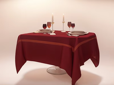 Stylish Tea Table Decorated With Red Tablecloth Orange Stripe Tableware And Candle Holders 3d model