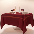 Stylish Tea Table Decorated With Red Tablecloth Orange Stripe Tableware And Candle Holders 3d model