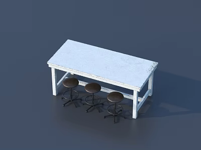 White Bar Counter with Three Brown Stools and White Frame Design 3d model