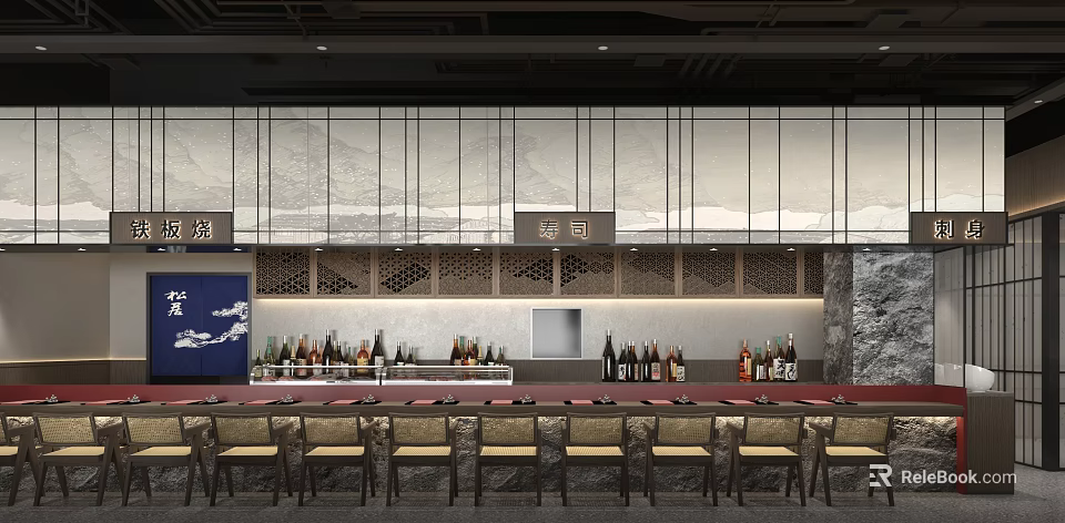 Japanese Restaurant Interior With Bar Counter Wine Bottles And Traditional Screens 3d model 