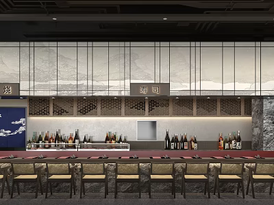 Japanese Restaurant Interior With Bar Counter Wine Bottles And Traditional Screens 3d model
