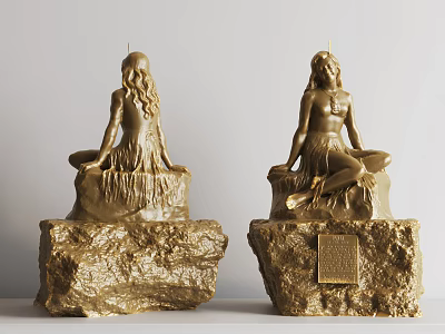 Golden Seated Female Figure Landscape Sculptures With Rock Base And Plaque 3d model