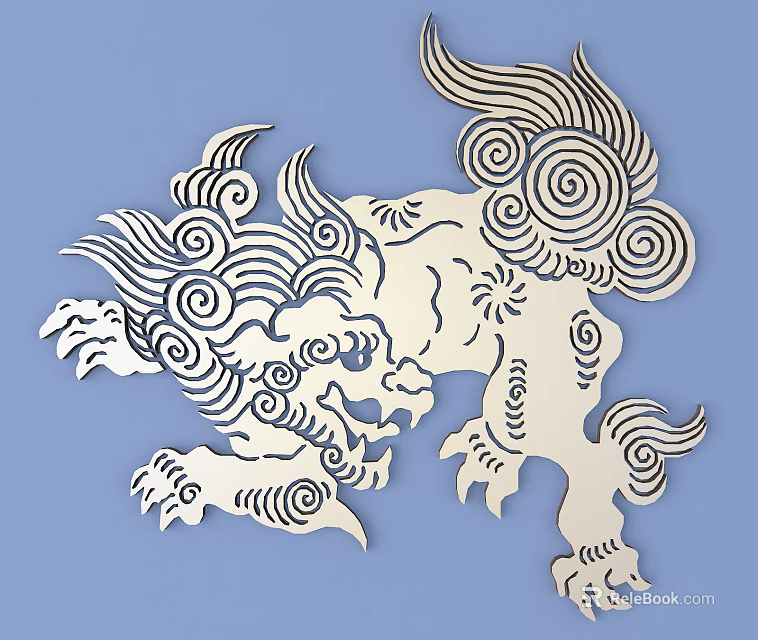 White Traditional Lion Carved Design With Intricate Patterns On Blue Background 3d model 