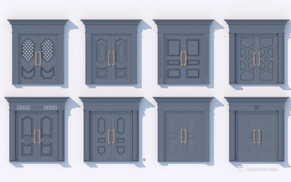 Elegant Blue Double Doors With Golden Handles And Various Panel Designs 3d model