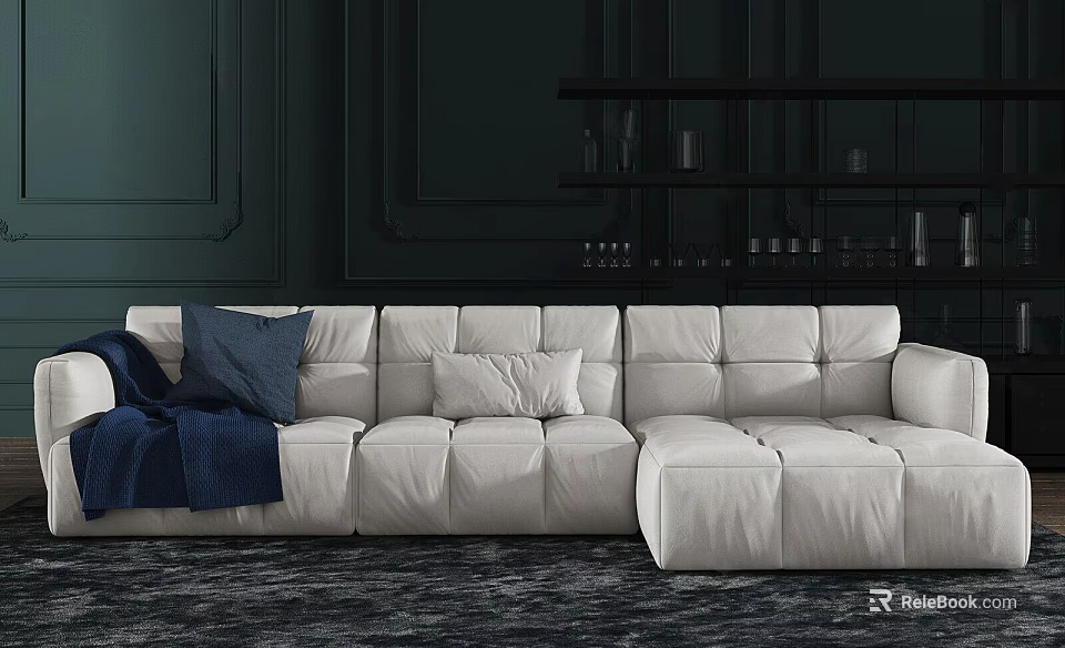 White Sectional Sofa with Blue Throw and Pillows in Dark Wall Living Room with Shelves 3d model 