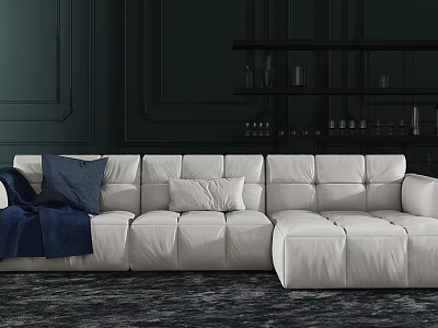 White Sectional Sofa with Blue Throw and Pillows in Dark Wall Living Room with Shelves 3d model