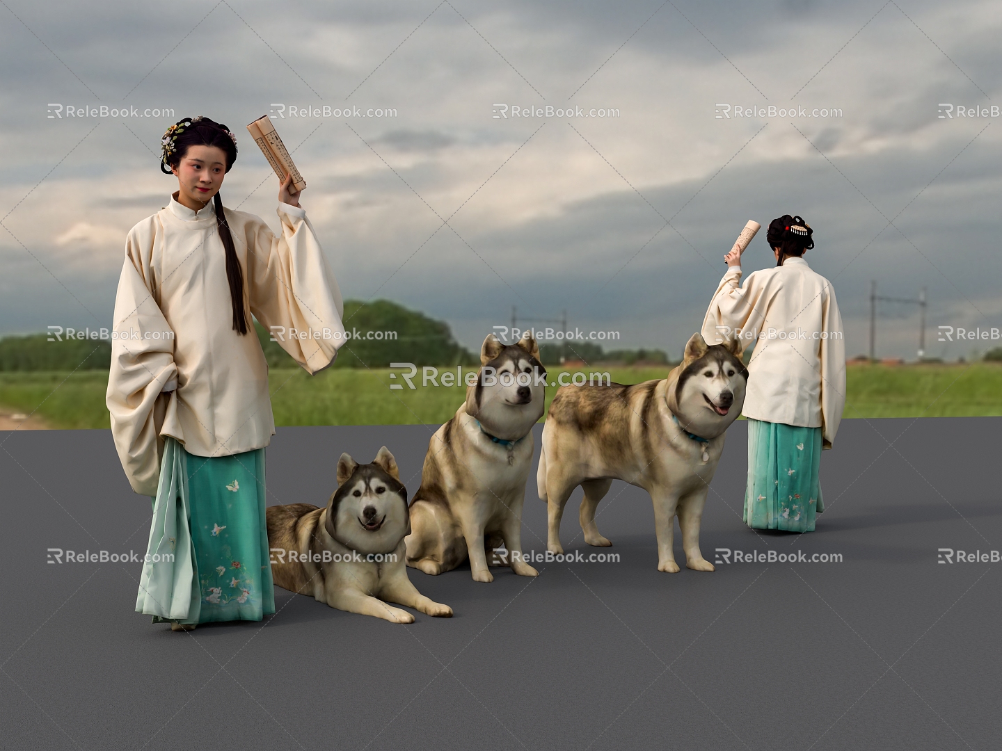 Antique woman dog husky model