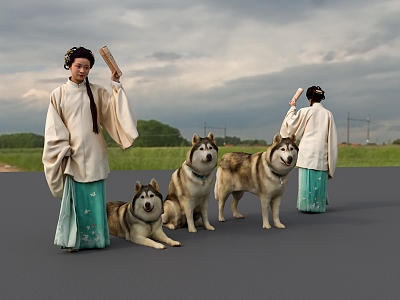 Antique woman dog husky 3d model