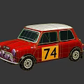 Red Vintage Mini Car Model With White Roof And Yellow Number 74