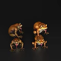 Aquatic Frog 3D Models In Different Poses With Sticking Tongues Brown Yellow On Black Background