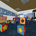 Colorful Kindergarten Playroom With Alphabet Blocks Slide Cloud Decorations And Red Balls