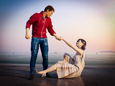 Man In Red Jacket Helping Woman In Dress At Seaside Sunset 3d model
