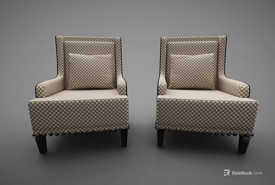 Classic Checkered Single Seater Sofas With Accent Pillows And Dark Wooden Legs 3d model