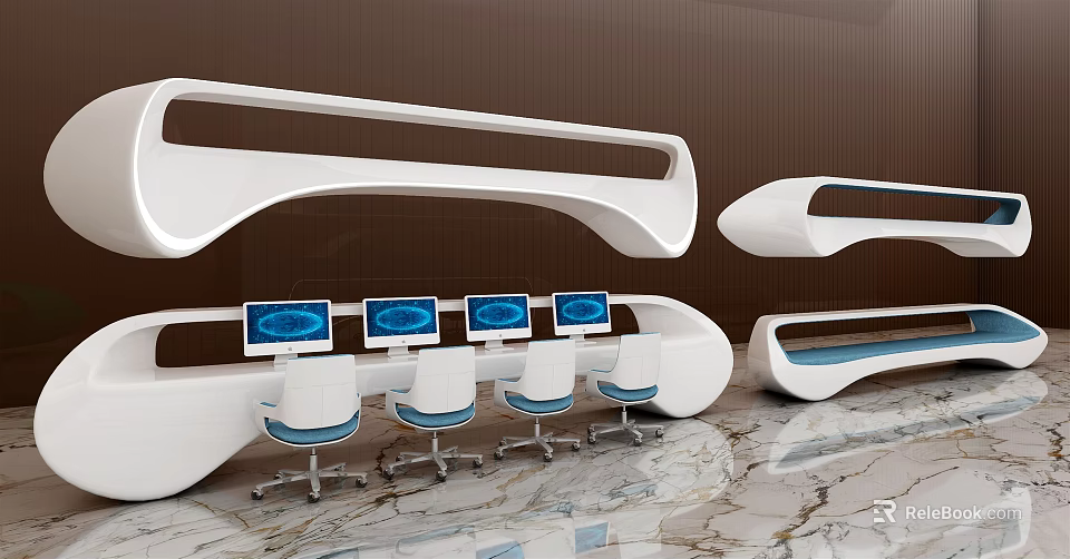 Modern White Reception Desk With Computer Screens And Chairs On Marble Floor 3d model 