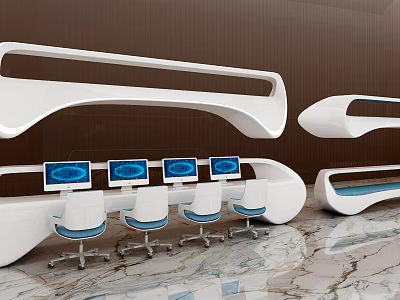 Modern White Reception Desk With Computer Screens And Chairs On Marble Floor 3d model